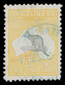 Roos 1st Wmk: 5/- grey & chrome, well centred, a couple of nibbled perfs, light Brisbane cds in blue, Cat $350. Scarce this fine & attractive.