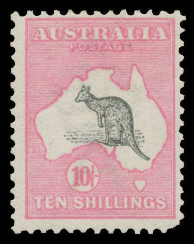 Roos 1st Wmk: 10/- grey & pink, rounded corner at lower-right, unmounted, Cat $7500.