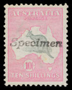 Roos 1st Wmk: 10/- grey & pink with 'Specimen' handstamp, unusually well centred, a couple of short perfs at left, Cat $750.