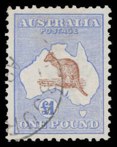 Roos 1st Wmk: Â£1 brown & blue CTO BW #51w well-centred & very attractive but with neatly repaired top left corner and a few uneven perfs, Cat $3500.