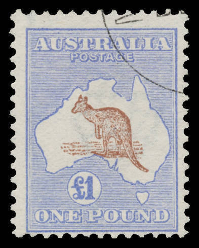 Roos 1st Wmk: Â£1 brown & blue with Broken South Coast of Gulf of Carpentaria CTO BW #51w(D)m, Cat $4000+. Chris Ceremuga Certificate (2013) notes that the cancel is DE5/13 - just the base of the DE is evident - "used to prepare 120 sets that were distrib