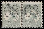 Roos 1st Wmk: - 2d grey horizontal pair with Double Perforations Vertically & at the Base (where not apparent) BW #5b, uneven vertical perfs but otherwise fine, untidy 'NANANGO/14JA14/QUEENSLAND' cds cancels, Cat $800+.