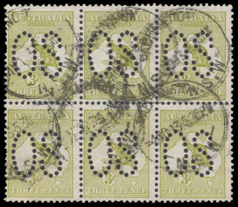 Roos 1st Wmk: - 3d olive-green ACSC #12ba block of 6 (3x2), upper left unit with a couple of short perfs and upper centre unit with 2.5mm closed tear at top, untidy 'PADDINGTON/-4NO13/NSW' cds cancels, Cat $750 as singles. Scarce multiple.