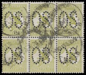 Roos 1st Wmk: - 3d olive-green ACSC #12ba block of 6 (3x2), upper left unit with a couple of short perfs and upper centre unit with 2.5mm closed tear at top, untidy 'PADDINGTON/-4NO13/NSW' cds cancels, Cat $750 as singles. Scarce multiple.