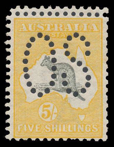 Roos 1st Wmk: - 5/- grey & chrome-yellow with Double Perforations at the top BW #42Ab, Cat $2000 used but unpriced mint. [The ACSC states that Double Perfs are found only on stamps perf Large 'OS']