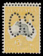 Roos 1st Wmk: - 5/- grey & chrome-yellow with Double Perforations at the top BW #42Ab, Cat $2000 used but unpriced mint. [The ACSC states that Double Perfs are found only on stamps perf Large 'OS']