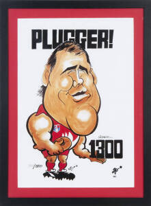 FRAMED ITEMS, noted "Plugger 1300" Weg poster; "Last Match of the Millennium, Carlton v Collingwood" Weg poster; Rex Hunt signed displays (2); John Longmire signed display. All framed, various sizes.