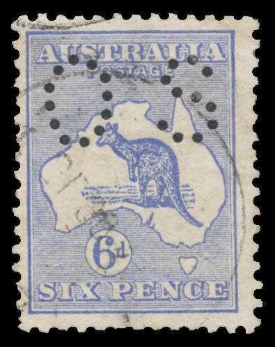 Roos 1st Wmk: PUNCTURED SMALL 'OS': 6d ultramarine with the Watermark Inverted BW #17abc, shortish perfs at base, light cds cancel, Cat $1500 ($1000 + 50% for punctured 'OS'). Simon Dunkerley Certificate (2008).