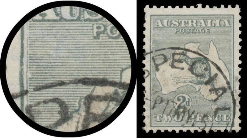 Roos 2nd Wmk: 2d grey with Retouched Left-Hand Frame & Retouching North-West of the Map BW #6(1)k [1L55], 'SPECIAL/ 7MY15/=SYDNEY=' cds, Cat $500. This unit developed a prominent scratch & was substituted: see #7(1)ka & kb.