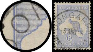 Roos 2nd Wmk: 6d ultramarine Substituted ClichÃƒÂ© (Die IIA) BW #18(1)ha (SG 26b), one pulled perf at the top, 'DONGARRA/ 15AUG16/WESTN AUSTRALIA' cds with the 'O' neatly surrounding the flaw, Cat $6000 (Â£2750). RPSofV Certificate (2016).