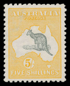 Roos 2nd Wmk: 5/- grey & chrome with the Watermark Inverted, unusually well centred, Cat $2000.