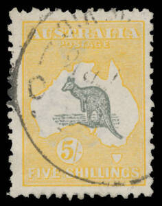 Roos 2nd Wmk: 5/- grey & chrome with the Watermark Inverted BW #43a, a few uneven perfs, light 'RIALTO' (Vic) cds, Cat $750.