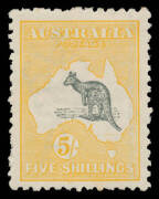 Roos 2nd Wmk: 5/- grey & chrome with minor Doubling of the Frame Plate, well centred, irregular perfs & large hinge remainder, Cat $1500+. [The listed Doubly Printed Frame Plate is a major & dramatic variety, Cat $27,500 mint. This example shows minor dou