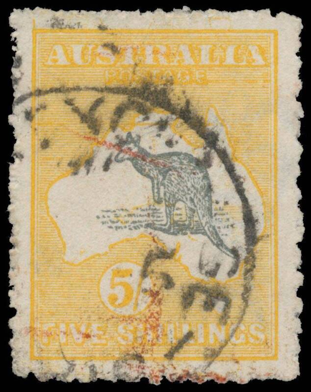 Roos 2nd Wmk: 5/- grey & chrome with Doubly Printed Frame Plate BW #43c (SG 30a), exceptional centring, characteristic rough perfs, some red crayon residue on the face, 'THE EXCHANGE' (NSW) cds, Cat $9000 (Â£4000). RPSofV Certificate (2017). Rare: only fi