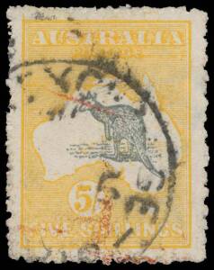 Roos 2nd Wmk: 5/- grey & chrome with Doubly Printed Frame Plate BW #43c (SG 30a), exceptional centring, characteristic rough perfs, some red crayon residue on the face, 'THE EXCHANGE' (NSW) cds, Cat $9000 (Â£4000). RPSofV Certificate (2017). Rare: only fi