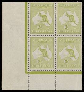 Roos 3rd Wmk: 3d olive Die I with the Watermark Inverted BW #13a lower-left corner block of 4, well centred, the gum a little aged, unmounted, Cat $2100+.