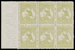 Roos 3rd Wmk: 3d greenish olive Die IIB BW #14 marginal block of 6 (3x2) from the left of the sheet, characteristic rough perfs, unmounted, Cat $1500+.