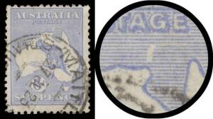 Roos 3rd Wmk: 6d blue with Large White Flaw off Arnhem Land BE #20(U)e, a few shortish perfs 'MAITLAND27JL23/STH AUSTRALIA' cds clear of the variety, Cat $750. Rare: our vendor believes this is the first example offered at auction.