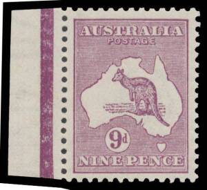 Roos 3rd Wmk: 9d violet with the Watermark Inverted BW #27a marginal example from the left of the sheet, well centred, unmounted, Cat $475+ (mounted). Superb! Chris Ceremuga Certificate (2010).