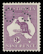 Roos 3rd Wmk: 9d indigo-violet BW #27G punctured 'OS', minor bend & no gum, Cat $4500 x2&Acirc;&frac12; for punctured 'OS'. A rare & dramatic shade.