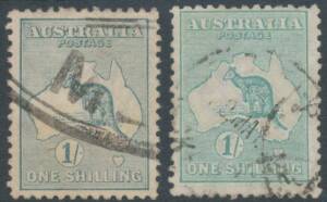 Roos 3rd Wmk: 1/- Die II sea-green (dry ink) BW #32F, minor blemishes, Cat $300; & 1/- Die IIB very bright blue-green #33Cvar. Separate Simon Dunkerley Certificates (2008). (2)