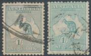 Roos 3rd Wmk: 1/- Die II sea-green (dry ink) BW #32F, minor blemishes, Cat $300; & 1/- Die IIB very bright blue-green #33Cvar. Separate Simon Dunkerley Certificates (2008). (2)