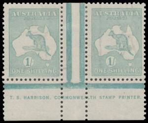 Roos 3rd Wmk: 1/- blue-green Plate 2 TS Harrison One-Line Imprint pair BW #32(2)ze, Cat $15,000. Notwithstanding the ACSC comment in respect of the 6d blue, the 1/- Harrison is the rarest of all the non-bicolour imprints: the ACSC states that only one b