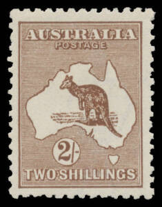 Roos 3rd Wmk: 2/- deep brown BW #37D, well centred, a couple of nibbled perfs, very lightly mounted, Cat $500. Scarce shade.