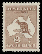Roos 3rd Wmk: 2/- deep brown BW #37D, well centred, a couple of nibbled perfs, very lightly mounted, Cat $500. Scarce shade.