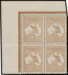 Roos 3rd Wmk: 2/- brown BW #37A corner block of 4 from the upper-left of the sheet, a trifle aged still very fresh with excellent facial appearance, unmounted, Cat $10,000+.