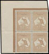 Roos 3rd Wmk: 2/- brown BW #37A corner block of 4 from the upper-left of the sheet, a trifle aged still very fresh with excellent facial appearance, unmounted, Cat $10,000+.