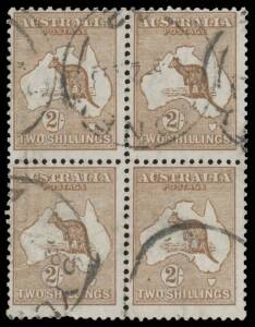 Roos 3rd Wmk: 2/- brown block of 4, Sydney cds. Simon Dunkerley Certificate (2008) identifies this as the "aniline" printing BW 37F, Cat $8000+. However, we have reservations about this identification & recommend that it be bought "on extension".