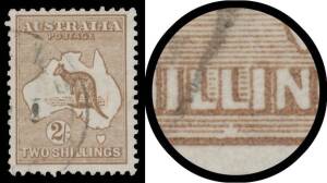 Roos 3rd Wmk: 2/- red-brown with White Flaw below Second 'L' of 'SHILLINGS' BW #37F(1)f, light cds clear of the flaw, Cat $300 plus a premium for the shade. Scarce.