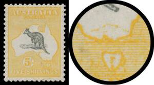 Roos 3rd Wmk: 5/- grey & chrome with minor Doubling of the Frame Plate, well centred, lightly mounted. The doubling is most evident across South Australia & Victoria and into the Tasman Sea. This stamp may be related to the major Double Print BW #44c illu