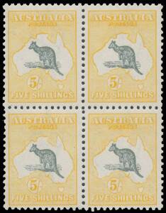 Roos 3rd Wmk: 5/- grey-black & yellow-orange BW #44B block of 4, unmounted, Cat $9000+.