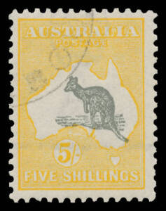 Roos 3rd Wmk: 5/- grey & yellow with slight misplacement of the Kangaroo to right, CTO BW #44w with full unmounted o.g., Cat $300+. [A scarce stamp. In our experience, the ratio of the 5/- with or without 'OS' puncture & CTO is at least 10:1]