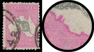 Roos 3rd Wmk: 10/- grey & deep "aniline" pink with Short Spencer Gulf BW #48(D)e, a few irregular perfs, Sydney cds clear of the variety, Cat $650. [The ACSC has a consistent error "Spencer's Gulf". The correct name is "Spencer Gulf"]