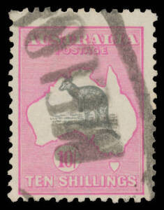 Roos 3rd Wmk: 10/- grey & pink with the Watermark Inverted BW #48a, rubber Melbourne parcels cancel, Cat $3500.