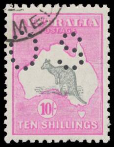 Roos 3rd Wmk: 10/- grey & pink with Kangaroo Misplaced into the Great Australian Bight BW #48cb perf 'OS', well centred, CTO with full unmounted o.g., Cat $5000. Superb! [Very similar to the second example illustrated in the ACSC at page 2/167]