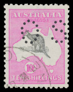 Roos 3rd Wmk: 10/- grey & pink with the Kangaroo Misplaced to Upper-Left (Ears Wet), exceptional centring, CTO. [The ACSC states that the listed varieties have the Roo "misplaced upwards or downwards by 3mm", Cat $5000. This example is less dramatic]