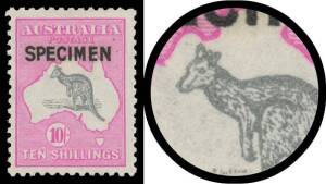 Roos 3rd Wmk: 10/- grey & deep "aniline" pink with Type B 'SPECIMEN' Overprint & Broken Ear BW #48x(V)v, Cat $600+.