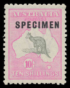 Roos 3rd Wmk: 10/- grey & pale "aniline" pink with Type C 'SPECIMEN' Overprint BW #48xb, exceptional centring, a few slightly nibbled perfs & a single tonespot, unmounted. A rare stamp, of which only 360 were printed. [The ACSC does not price this stamp u