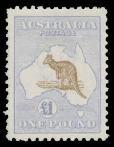 Roos 3rd Wmk: Â£1 light brown & pale blue BW #52D well-centred but with a few 'fluffy' perfs & small part hinge remnant, Cat $4000.