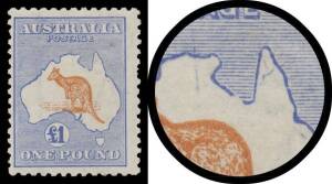 Roos 3rd Wmk: Â£1 chestnut & blue as BW #52B with minor Kiss Print of the Frame Plate, additionally with Break at Base of Gulf of Carpentaria BW #52(D)m, one pulled perf at right & minor hinge remainders, Cat $5500+. RPSofV Certificate (2016).