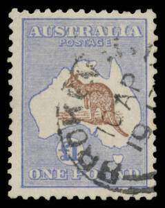 Roos 3rd Wmk: Â£1 chocolate & dull blue BW #52A with neat partial 'BROKEN HILL/10AP/1917/(NSW)' cds, Cat $2500.