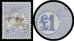 Roos 3rd Wmk: Â£1 olive-brown & blue with Break at Right of Value Circle ACSC #52(D)L, well-centred, slightly untidy cancel but well clear of the variety, Cat $3500+ for scarcer shade.