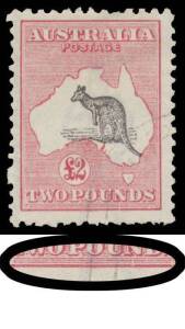 Roos 3rd Wmk: Â£2 purple-black & rose-carmine with Three Nicks in the Bottom Frame BW #56C(D)u, a few short perfs, CTO with Melbourne GPO cds, Cat $6000+.