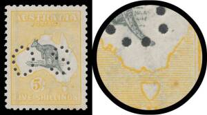 Roos 3rd Wmk: - 5/- grey & pale yellow with Short Spencer Gulf BW #44(D)j, exceptional centring, very lightly mounted, Cat $1250 plus a premium for the variety.