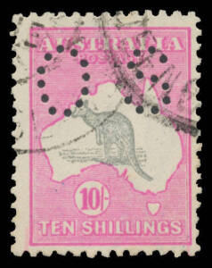 Roos 3rd Wmk: - 10/- grey & pink with minor Doubling of the Frame Plate BW #48c most evident at the base, Queensland cds, Cat $3000. [The ACSC states "All double print varieties seen are minor kiss prints". The 10/- perf 'OS' is a scarce stamp commerciall