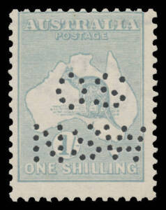 Roos 3rd Wmk: PUNCTURED 'OS/NSW': 1/- blue-green with the Watermark Sideways BW #33aa, the gum a little toned, unmounted. The only example we have seen with any official perfin.